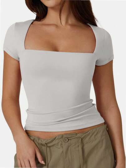 QUEENTI Women's Summer Short Sleeve Square Neck T Shirt Fit Basic Top