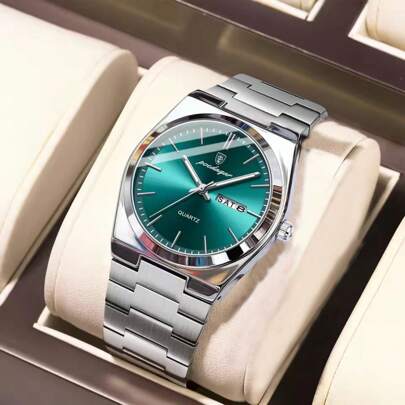 POEDAGAR 1pc Men's Watches Real POEDAGAR Brand 50M Waterproof Precision Japan Imported Quartz Movement Clock Birthday Gifts For Men Rust-Proof Silver 316 Stainless Steel Strap English Calendar Function Luminous Hands Business Father's Day Memorial Gift For Husband Back To School Essentials