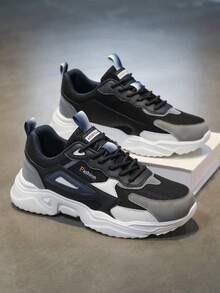 Men's Black & Gray Mesh Patchwork Design Comfortable Sneakers, Fashionable Black Casual Outdoor Sports Shoes For All Seasons