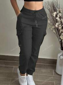 Fashion Solid Color Simple Cargo Pants With Pocket, Elastic Waist Drawstring
