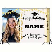 1pc Personalized 2025 Graduation Portrait & Name Custom Party Banner, Polyester Fabric, Graduation Themed Photo Background Suitable For Home, Outdoor, Yard, Classroom, Decor