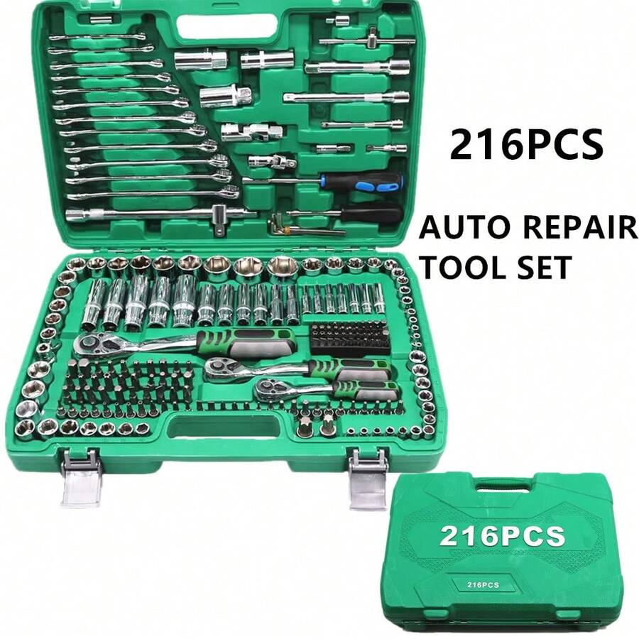 Um conjunto de 216 ferramentas portáteis multifuncionais para reparo de automóveis com caixa de armazenamento preta, conjunto profissional de ferramentas com catraca - bolsa multifuncional para ferramentas de reparo de automóveis, incluindo chave de torque, chave de fenda e ferramentas essenciais para manutenção portátil de carros e motocicletas, adequado para entusiastas de bricolage e mecânicos - Verde 216 peças - Ver 1