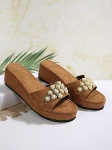 Women's Fashion Pearl Decor Wedge Slide Sandals, Suitable For Wedding, Party, Vacation, Casual Wear, Thick-Soled Slippers