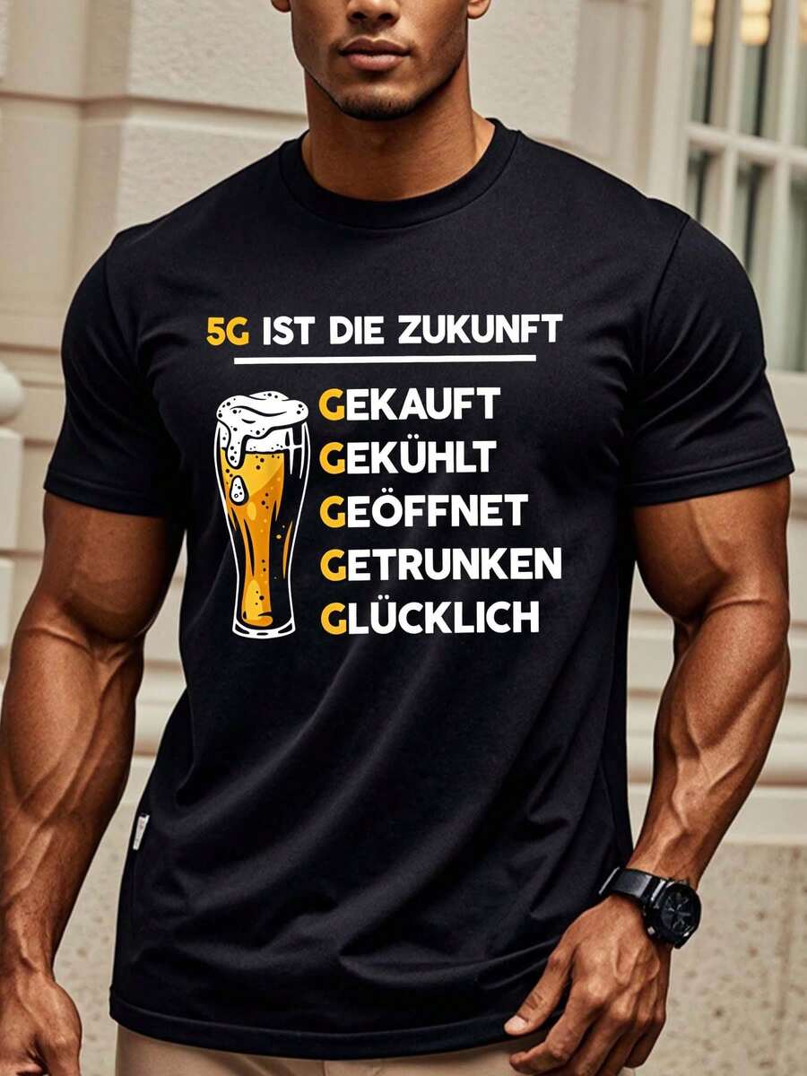 "5G IS THE FUTURE" - Funny Men's Cotton T-Shirt With Round Neck And Beer Lettering Print, 190 G/M² German Text - 黑色 - 查看 1