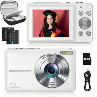 数码相机+便携包和保护套套装，FHD 1080P 44MP 数码傻瓜相机，带 2 块充电电池、32GB 存储卡+便携包和保护套，适合男孩女孩初学者的紧凑型小型相机