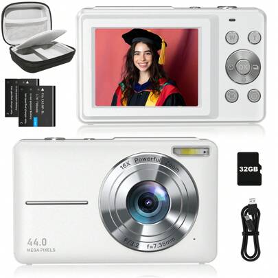Digital Camera+Carrying & Protective Case Set, FHD 1080P 44MP Digital Point And Shoot Camera With 2 Rechargeable Batteries,32GB Memory Card+Carrying & Protective Case,Compact Small Camera For Boys Girls Beginners