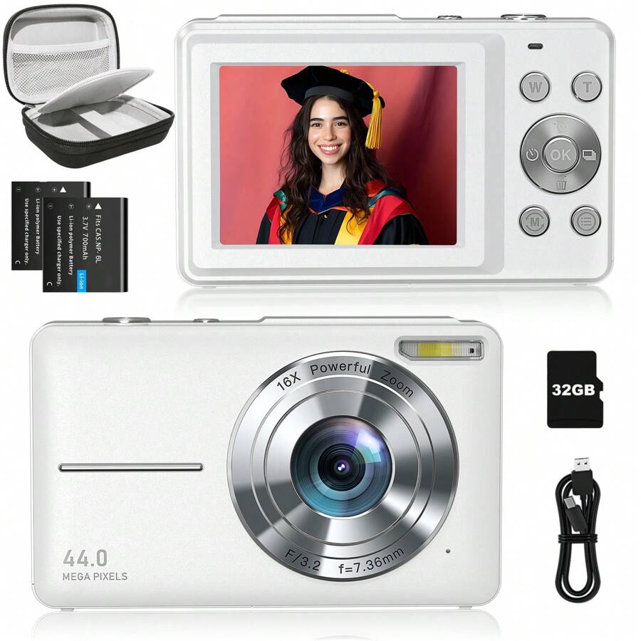 Digital Camera+Carrying & Protective Case Set, FHD 1080P 44MP Digital Point And Shoot Camera With 2 Rechargeable Batteries,32GB Memory Card+Carrying & Protective Case,Compact Small Camera For Boys Girls Beginners