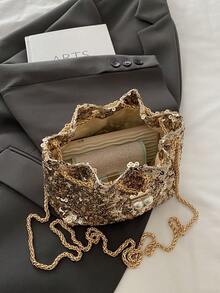 Women's Shiny Fashionable Street Style Drawstring Bucket Bag With Chain Strap Crossbody Bag - Gold - View 9