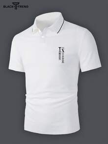 男士字母图案印花基础翻领前扣短袖复古休闲白色 Polo 衫，休闲日常穿着，适合老公外出，搭配休闲裤，适合旅游/度假/户外露营/运动 - 白色 - 查看 3