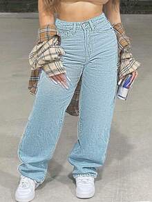 Large Size Women's Denim Jeans - Wide Leg Loose Mid Waist Boyfriend Jeans, Y2K Style Denim Pants - Rửa nhẹ - Xem 2