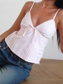 Women Lace Y2k Babydoll Cami Top Ruffle V Neck Spaghetti Strap Peplum Tank Tops Going Out Streetwear - 粉色 - 查看 2