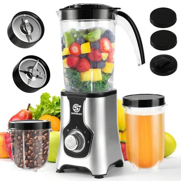 SUPERLEX 400W Standmixer Smoothie Maker, Multifunktionaler Mixer zum Mahlen, Eiszerkleinern, Tragbar, Sicherheitsschloss, Einstellbare Drehzahlregelung, Küchenmaschine für Küche