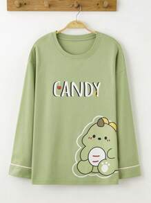 AICJ 2pcs/Set Women Casual Dinosaur Print Long Sleeve Top And Pants Pajama Set, Spring/Summer/Autumn Home Wear Outfit