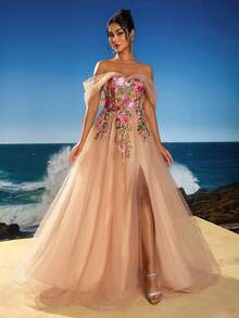 Anymoon Women's High Waist Long Evening Dress With Ruffle Detail On Chest, Formal, Party Dress, Gown, For Wedding Guest - Apricot - View 1