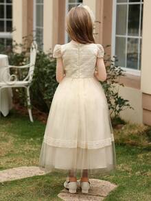 Vestido de verano elegante para niña con aplicaciones de encaje y tela de malla - Champán - Ver 2