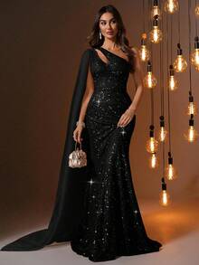 Summer Asymmetrical Neck Mermaid Hem Sequined Formal Gown Rave Outfits Graduation Dress, Party Dress, For Evening, Wedding Guest - Black - View 1