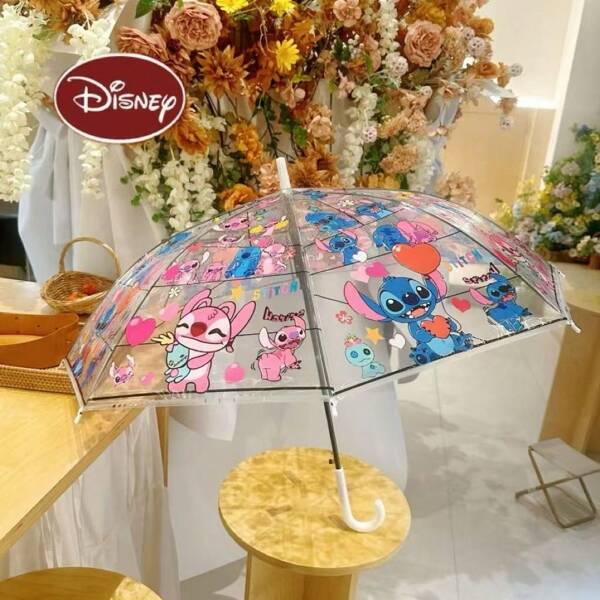 Disney Disney Stitch Portable Automatic Transparent Umbrella, Cartoon Character Stitched Foldable Three Fold Umbrella Summer Cooling,Beach,Travel