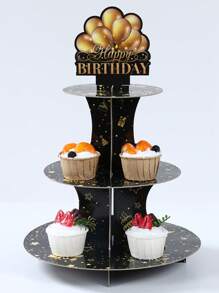 1Set 3 Tiers Black Golden Birthday Cupcake Cake Stand,Happy Birthday Theme Birthday Party Decoration Cake Stand Holder Cardboard Tray,Cupcake Tower Dessert Display Holder, Birthday BabyShower Party Supplies,Birthday Celebration Table Centrepiece DIY Cake Decorating Supplies,Birthday Party Favors