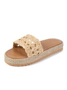 1 Pair Kids Summer Simple Straw Woven Beach Holiday Platform Hollow Out Fashion Girls Slippers - Apricot - View 6