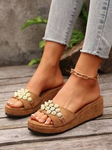 Women's Fashion Pearl Decor Wedge Slide Sandals, Suitable For Wedding, Party, Vacation, Casual Wear, Thick-Soled Slippers
