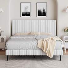 Queen Bed Frame, Upholstered Bed Frame With Headboard And Footboard, Vertical Channel Tufted Headboard, White/ Black/ Pink/ Green/ Blue, Twin/ Full/ Queen/ King - trắng - Xem 12