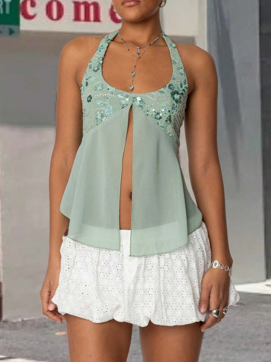 Women Y2K Halter Top Summer Sequin Beaded Crop Tank Tops Sheer Mesh Split Hem Tie Up Backless Sleeveless Cami Deep V Neck Open Back Vest Tops Slim Fit Floral Embroidery Shirts Sexy Going Out Coquette Tops Club Streetwear Fairy Grunge Aesthetic Clothes Outfit - 綠色 - 查看 1