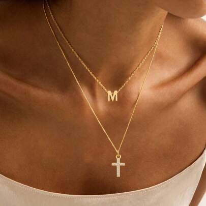 2Pcs/Set New Simple Classic Initial Cross Pendent Gold Color Stainless Steel Box Chain Layered Necklaces For Women
