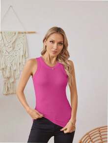 QUEENTI Women's Summer Round Neck Tank Top Stretch Camisole - 玫紅色 - 查看 3