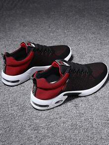 [Gorpcore Mountain Style] Men's Outdoor Fitness/Commute/Summer Outfit Black & White Contrast Breathable Mesh Cushioned Air Sole Sneakers, Round Toe Mid-Top Lace-Up 3cm Hidden Elevator Lightweight EVA Midsole Running Shoes ,Gym 2000s Style Valentine's Day Ideas - Multicolor - View 4