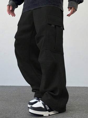 1 件男童/青少年简约宽松户外运动健身休闲慢跑运动裤，带侧袋，厚实保暖，春秋冬