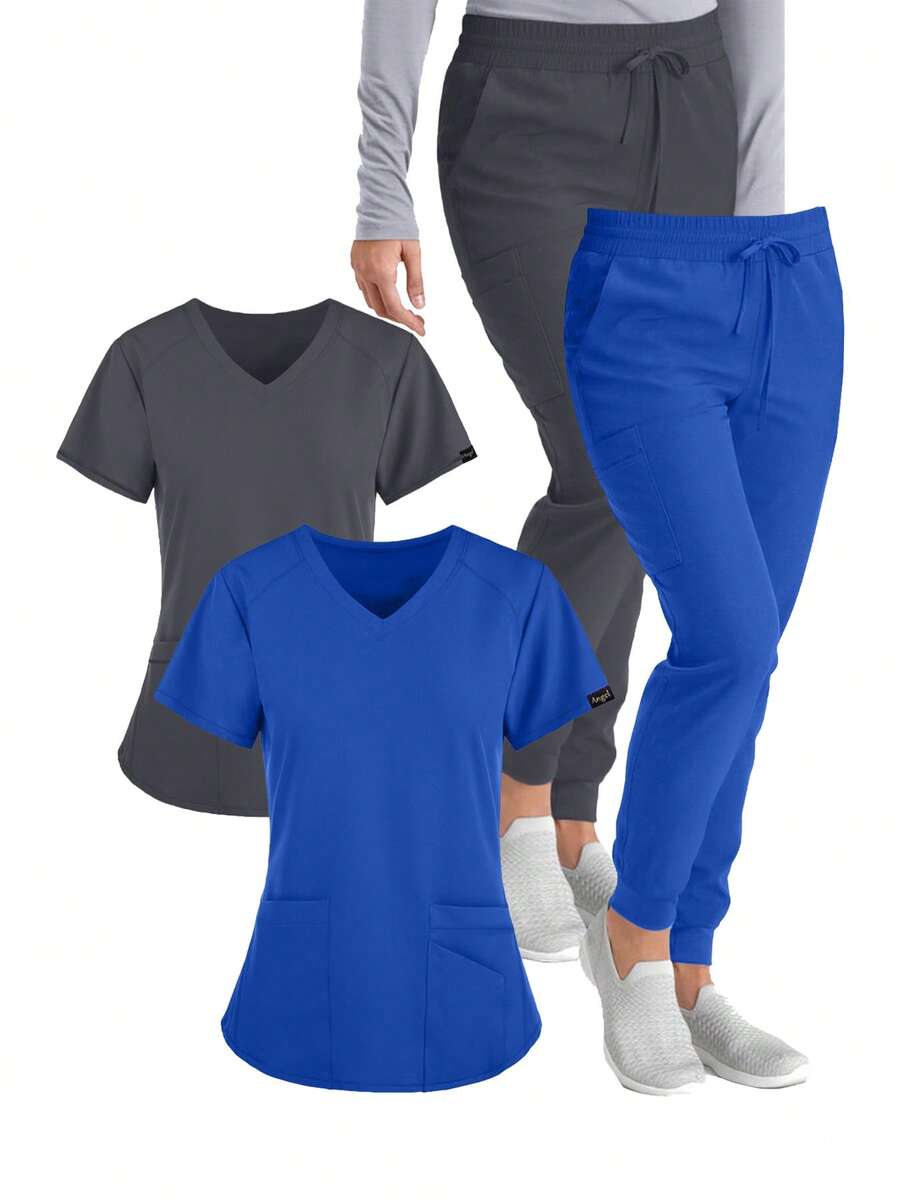 (Four-Piece Set) Scrubs Uniform Women's Running Matte Elastic Sports Nurse  Uniform Wash Clothes Work Clothes Breathable Scrub Shirt - 藍色 - 查看 1