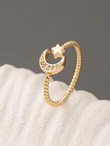 1pc Minimalist Zirconia Star & Moon Adjustable Ring, Women's Pave Crystal Shiny Jewelry Ring - Gold - View 2