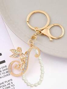 Advanced Texture Rhinestone Studded Winged Three-Dimensional Decoration,Advanced Elegant Golden Pearl Letter Keychain, Letters A-Z Three-Dimensional Pendant, Elegant Pearl Chain Flash Diamond (Removable According To Personal Preference) Fashion Alloy Keychain Ring, Earphone Pendant, Backpack Charm Car Keychain - Multicolor - View 4