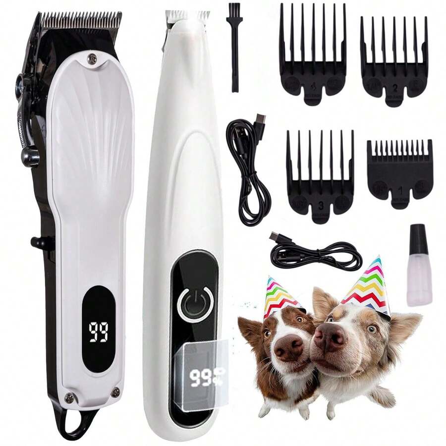 1 套 2 件装宠物电动剪毛器带 LED 显示屏可充电，低噪音宠物电动修剪器美容套装适用于狗和猫，专业宠物美容剪电动毛发剪套装