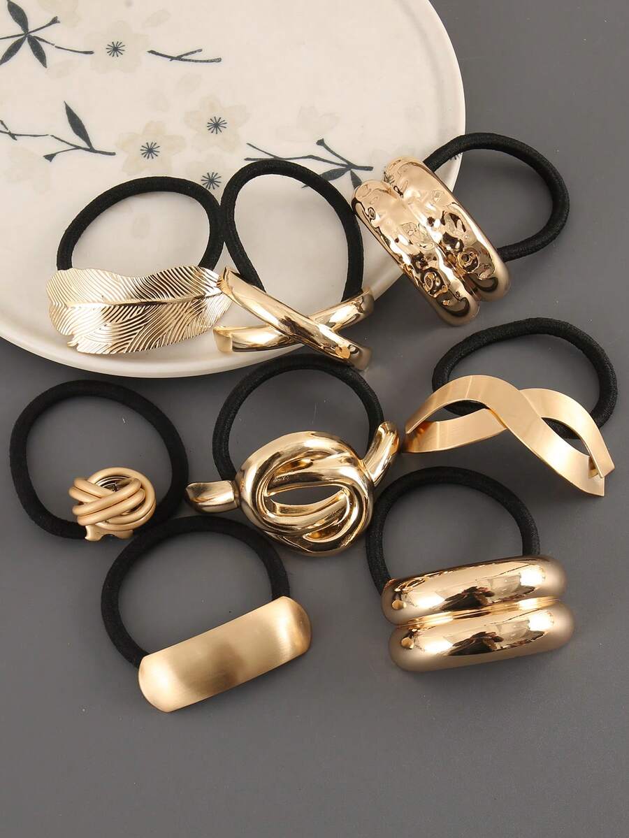 1 件金属光滑纹理椭圆形手工抛光拉丝几何图案派对锌合金发带配件，全年马尾辫固定器发圈发圈橡皮筋发绳弹性发带 - 彩色 - 查看 1