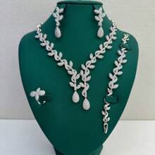 4pcs Luxury Bride Jewelry Set, Includes Necklace, Earrings, Bracelet, Ring With Zirconia Stones, Suitable For Wedding Party, Mother's Day, Valentine's Day Gift