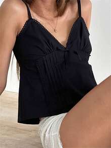 Women Lace Y2k Babydoll Cami Top Ruffle V Neck Spaghetti Strap Peplum Tank Tops Going Out Streetwear - 黑色 - 查看 3