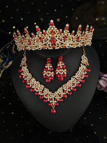 4pcs/Set Tiaras And Crowns For Women Earrings Necklace Crystal Bridal Jewelry Set Costume Party Halloween Prom Pageant Bridal Headpiece For Women Mother's Day Gift - 紅色 - 查看 8