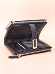 Women's Short Wallet, Soft PU Leather, Solid Color, Fashion Patchwork , Sophisticated Snap Closure, Large Capacity Multi-Card Slots, Functional Card Holder & Coin Purse, Compact & Lightweight, Suitable For Holiday Gifts - Black - View 2