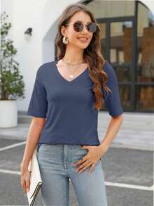 QUEENTI Women's Casual Short Sleeve Slim Basic Blouse - Hải quân - Xem 3