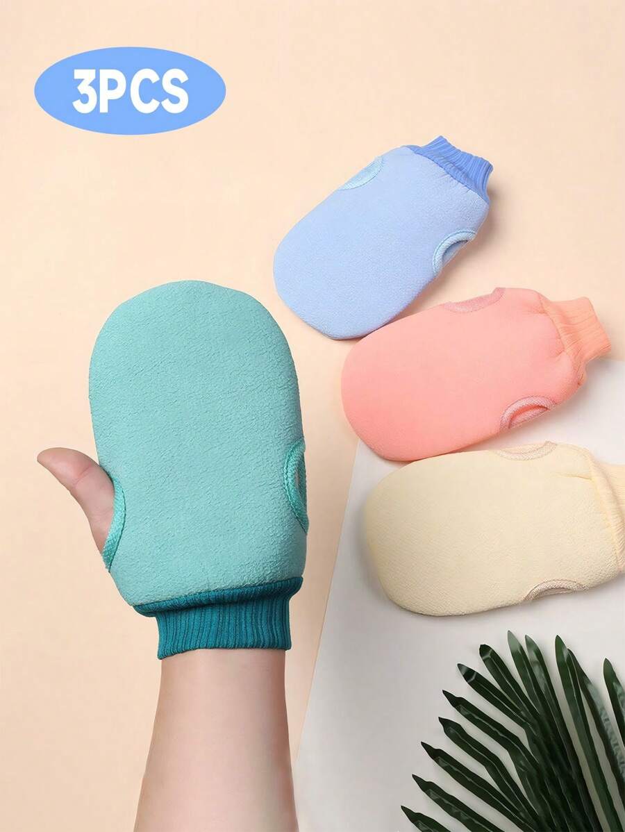 3 Stücke Peeling Körper Bade Bürsten Handschuhe, Abschuppen Handschuhe zum Entfernen von Abgestorbener Haut, doppelseitige Körper Reinigungstools für SPA Schaummassage, Peeling Handtücher, umkehrbare Badehandschuhe zum Peelen, geeignet für Spa, Massage und Körperpeeling, Körperpeeling Bad Accessoires, Abgestorbene Haut Entferner und Gesichtsmassage, grün, rosa und blau, Tasche, Organizer, Aufbewahrung, Haarclips
