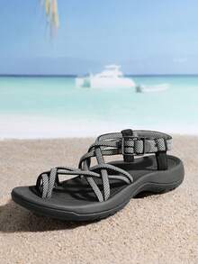 Women's Walking Sandals With Arch Support Elastic Strap Summer Sport Athletic Casual Hiking Outdoor Sandal - Đen và trắng - Xem 10