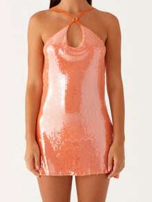 Women's Sequin Sparkly Glitter Dress Sleeveless Backless Spaghetti Strap Mini Dress Y2K Party Club Bodycon Mini Dress - 橘色 - 查看 2