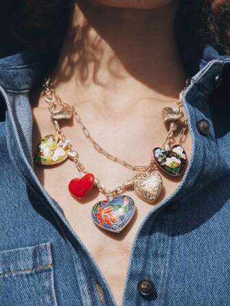 1pc Retro Drip-Oil Red Heart Alloy Sunflower Pendant Necklace, Multi-Layered Wear