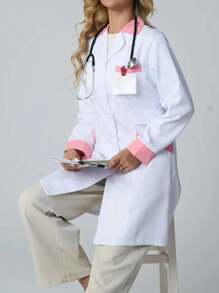 Women Contrast Trim Button Front Lab Coat With Long Sleeves
