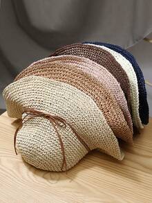 1 件女士手工编织纯色夏季太阳帽，防紫外线镂空草帽，日常旅行沙滩渔夫帽