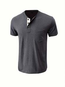 Men's Short Sleeve Crew Neck T-Shirt Henley Top - Dark Grey - View 4