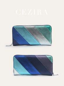 CEZIRA Women's Fashionable Luxury Colorful Stripes Patchwork Metallic PU Vegan Leather Long Wallet Zipper Closure Multi Card Slots Cash Note Zip Pocket Phone Purse Large Capacity Portable Clutch Handbag Money Bag Elegant Functional Daily Shopping Travel Gift - Multicolor - View 13