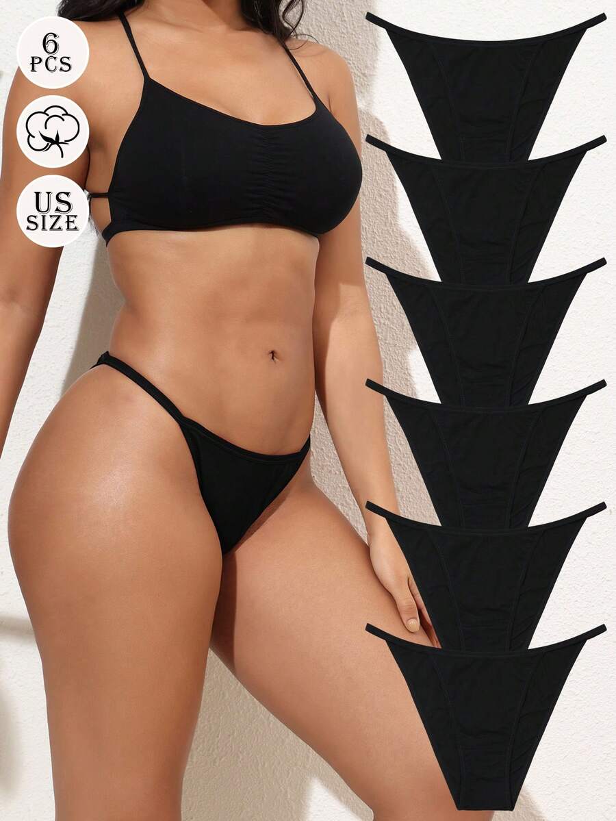 6 Pack Cotton Underwear For Women Plus Size String Bikini Panties Low Waist Cheeky High Cut Stretch Ladies Briefs S-XXL - 黑色 - 查看 1