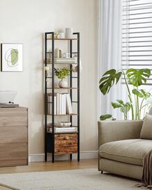 HEXCELEN Bookshelf, 6-Tier Vertical Bookcase With 1 Drawer, Open Shelf, Industrial Style, Metal Frame, Suitable For Study, Living Room, Bedroom, Kitchen, Brown - Rust Brown - View 3